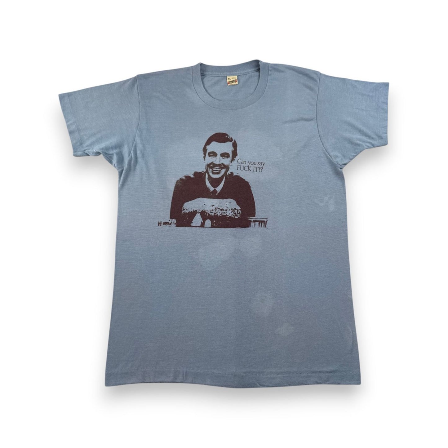 80s USA製 Fred Rogers フレッドロジャース Tシャツ 水色 can you say FUCK IT XL シングルステッチ メッセージT スクリーンスターズ o-u-2505-045