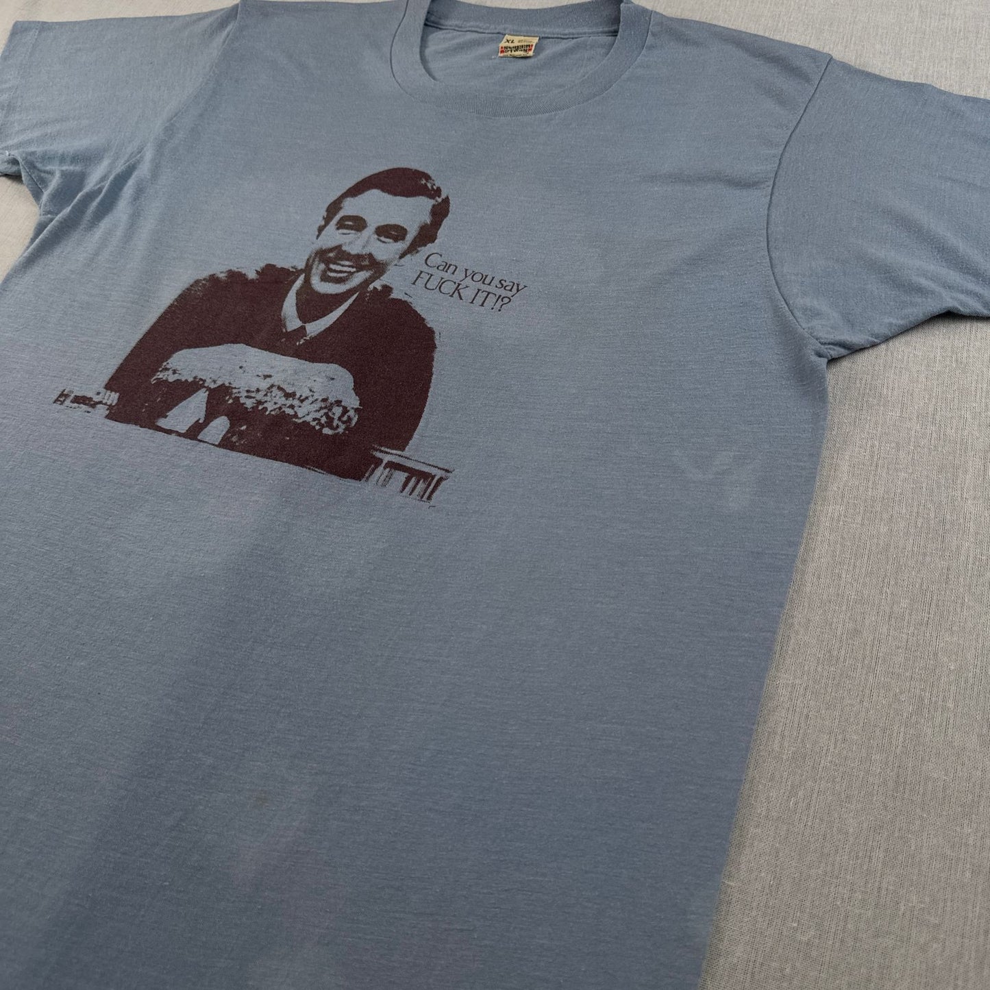 80s USA製 Fred Rogers フレッドロジャース Tシャツ 水色 can you say FUCK IT XL シングルステッチ メッセージT スクリーンスターズ o-u-2505-045