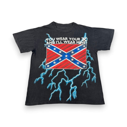 90s アメリカンサンダー Sunrise Turquoise 稲妻 Tシャツ AMERICAN THUNDER 黒 国旗 o-x-2505-004