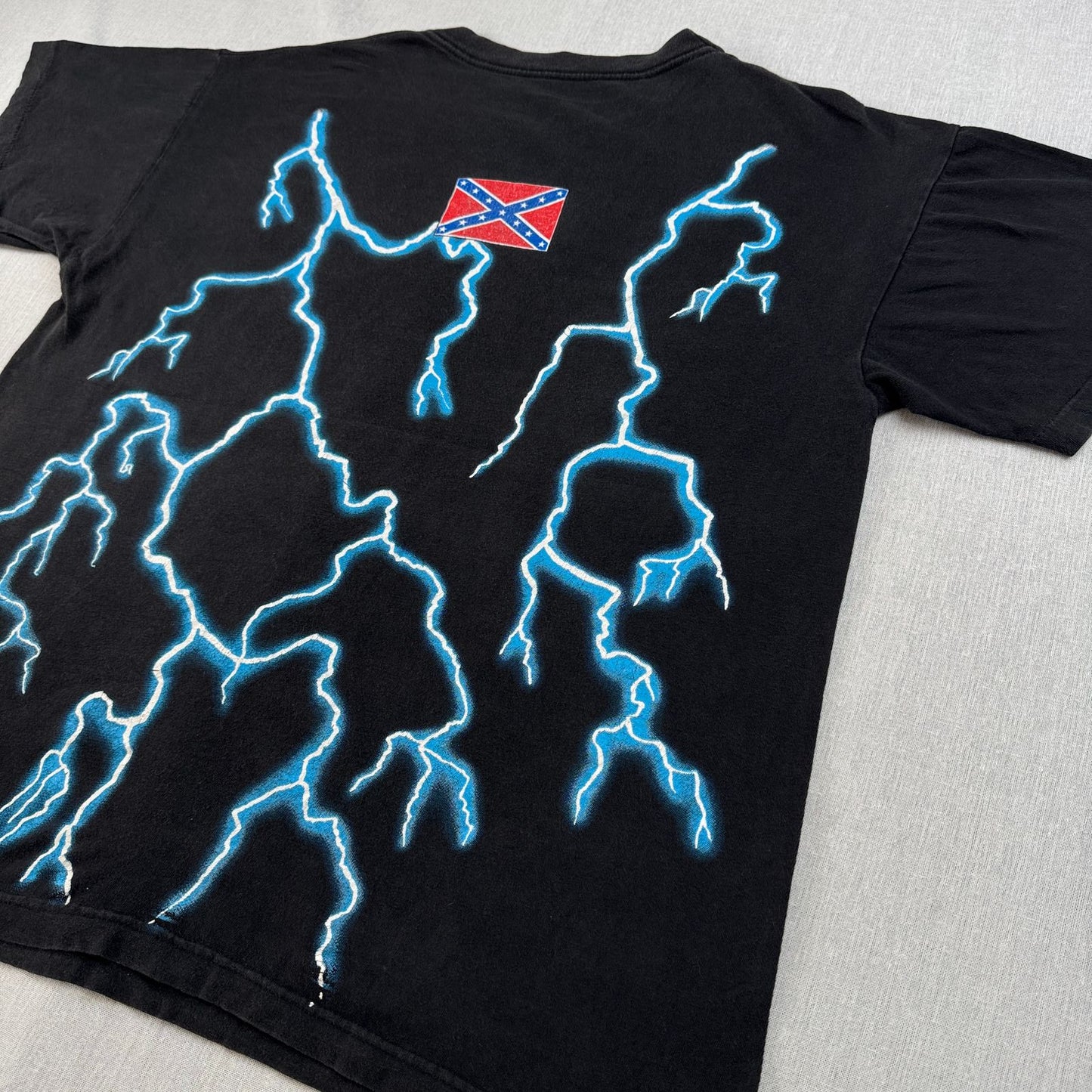 90s アメリカンサンダー Sunrise Turquoise 稲妻 Tシャツ AMERICAN THUNDER 黒 国旗 o-x-2505-004