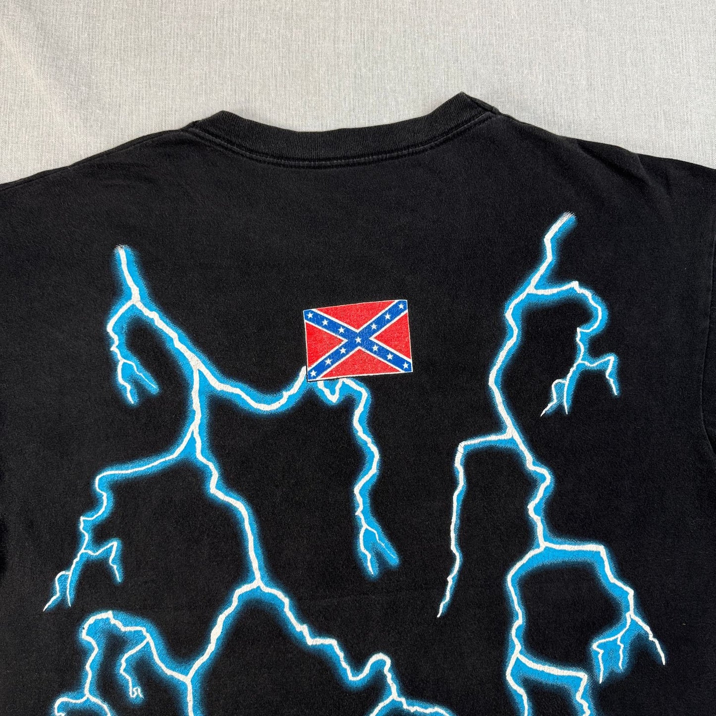 90s アメリカンサンダー Sunrise Turquoise 稲妻 Tシャツ AMERICAN THUNDER 黒 国旗 o-x-2505-004