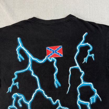 90s アメリカンサンダー Sunrise Turquoise 稲妻 Tシャツ AMERICAN THUNDER 黒 国旗 o-x-2505-004
