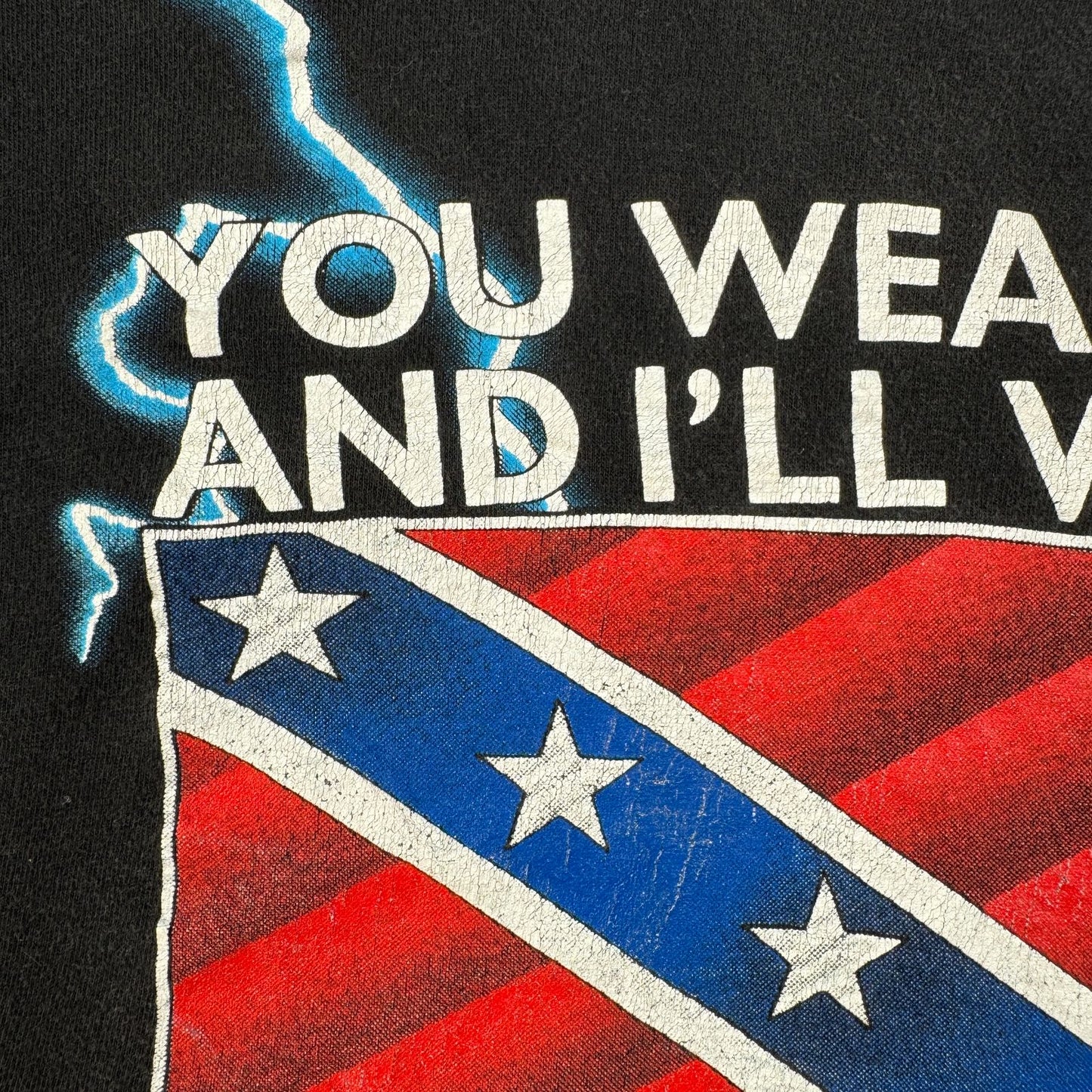 90s アメリカンサンダー Sunrise Turquoise 稲妻 Tシャツ AMERICAN THUNDER 黒 国旗 o-x-2505-004