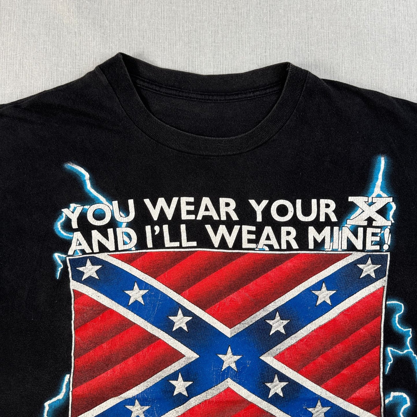 90s アメリカンサンダー Sunrise Turquoise 稲妻 Tシャツ AMERICAN THUNDER 黒 国旗 o-x-2505-004
