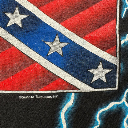 90s アメリカンサンダー Sunrise Turquoise 稲妻 Tシャツ AMERICAN THUNDER 黒 国旗 o-x-2505-004