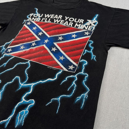 90s アメリカンサンダー Sunrise Turquoise 稲妻 Tシャツ AMERICAN THUNDER 黒 国旗 o-x-2505-004