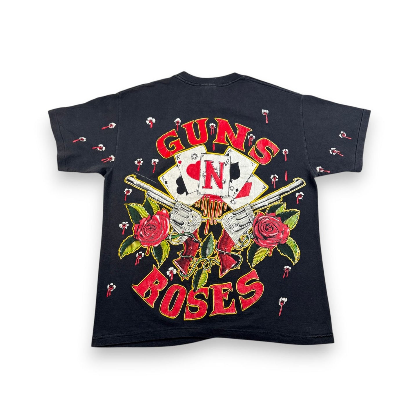 90s ガンズアンドローゼス 銃弾 Tシャツ 総柄 USA製 L バンT 黒 L USA WILD OATS ワイルドオーツ Guns N' Roses 音楽 ロック トランプ 拳銃 銃痕 1991 ガンズ 2603-0002