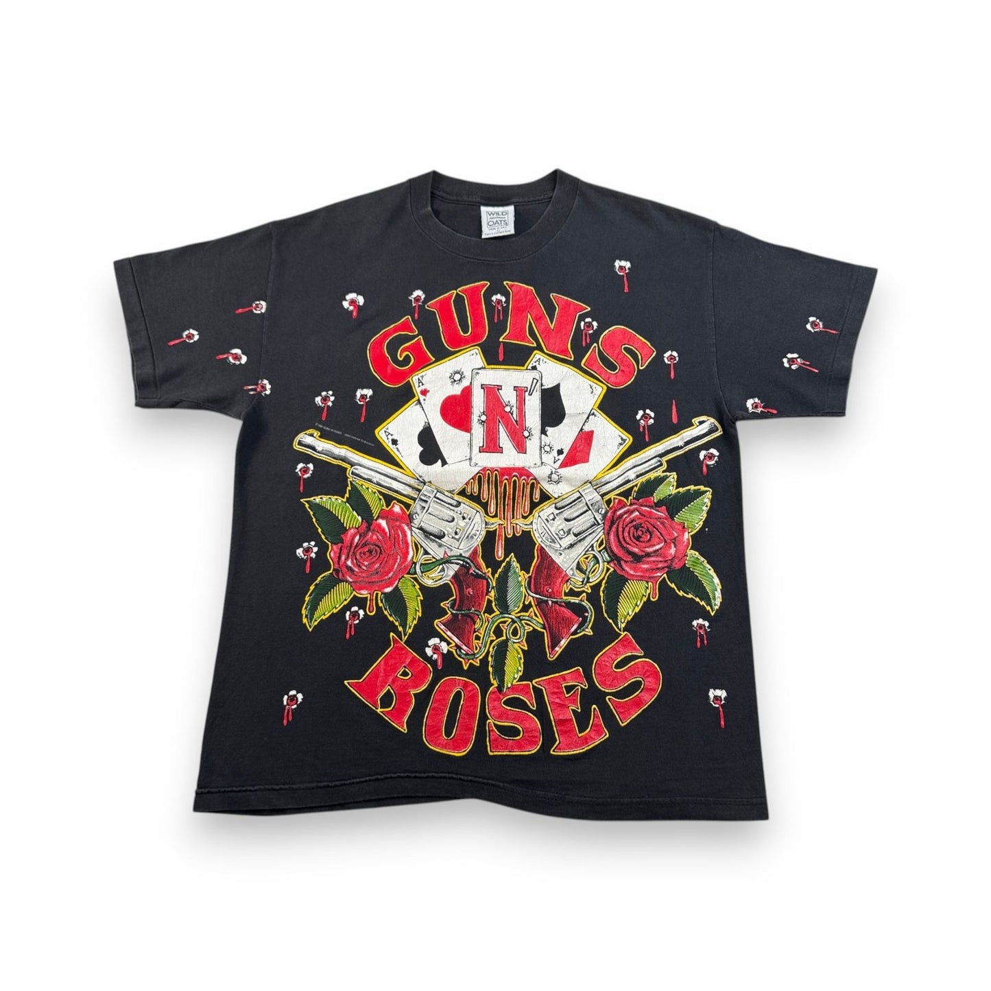 90s ガンズアンドローゼス 銃弾 Tシャツ 総柄 USA製 L バンT 黒 L USA WILD OATS ワイルドオーツ Guns N' Roses 音楽 ロック トランプ 拳銃 銃痕 1991 ガンズ 2603-0002
