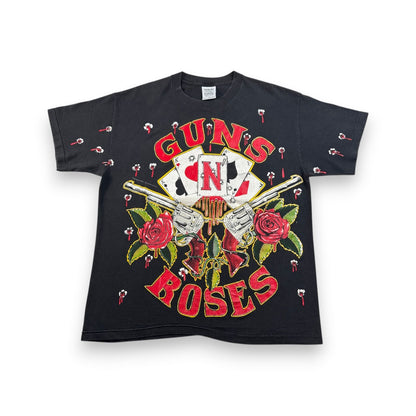 90s ガンズアンドローゼス 銃弾 Tシャツ 総柄 USA製 L バンT 黒 L USA WILD OATS ワイルドオーツ Guns N' Roses 音楽 ロック トランプ 拳銃 銃痕 1991 ガンズ 2603-0002