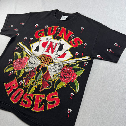 90s ガンズアンドローゼス 銃弾 Tシャツ 総柄 USA製 L バンT 黒 L USA WILD OATS ワイルドオーツ Guns N' Roses 音楽 ロック トランプ 拳銃 銃痕 1991 ガンズ 2603-0002
