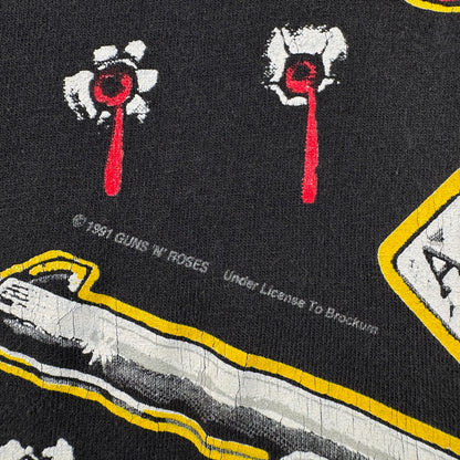 90s ガンズアンドローゼス 銃弾 Tシャツ 総柄 USA製 L バンT 黒 L USA WILD OATS ワイルドオーツ Guns N' Roses 音楽 ロック トランプ 拳銃 銃痕 1991 ガンズ 2603-0002
