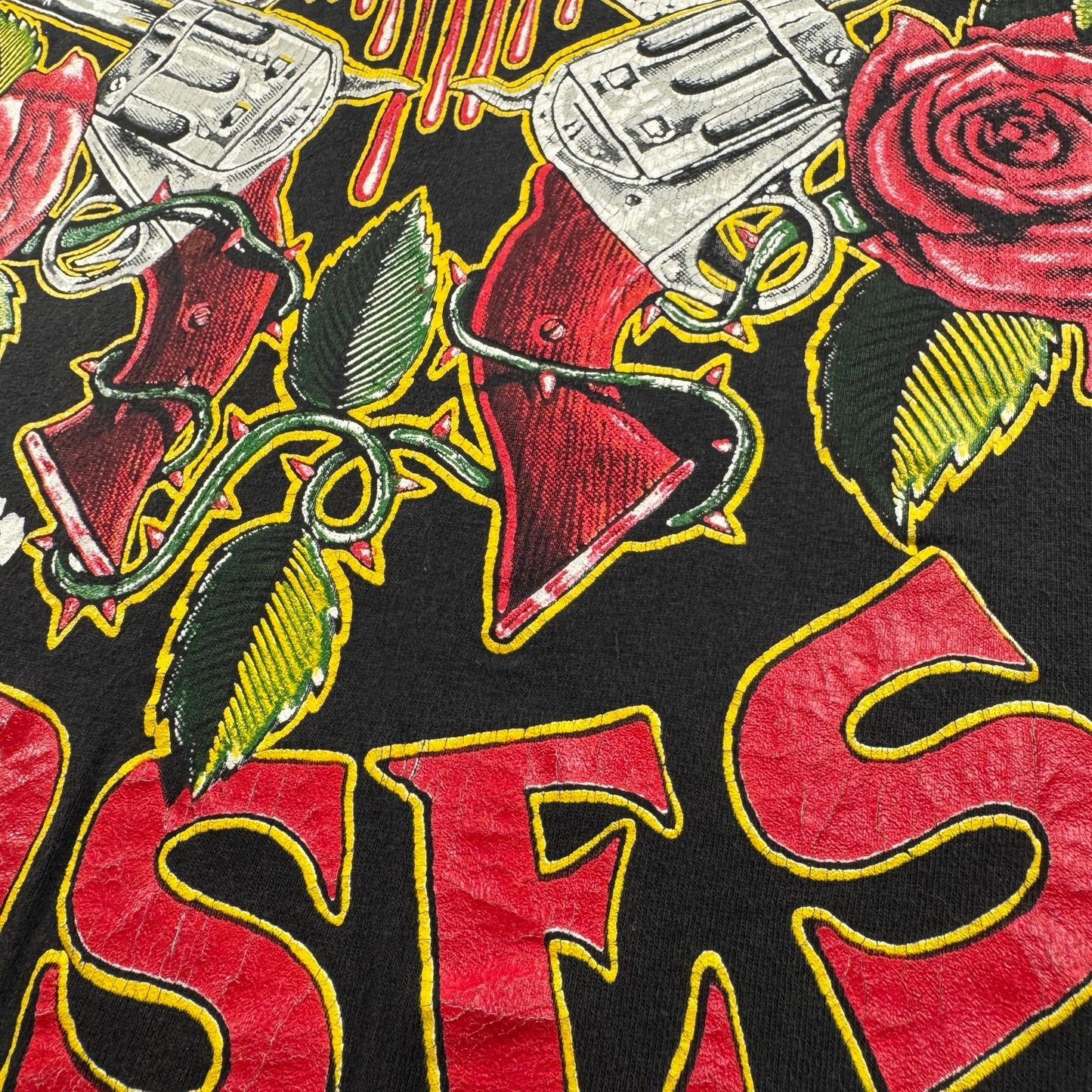 90s ガンズアンドローゼス 銃弾 Tシャツ 総柄 USA製 L バンT 黒 L USA WILD OATS ワイルドオーツ Guns N' Roses 音楽 ロック トランプ 拳銃 銃痕 1991 ガンズ 2603-0002