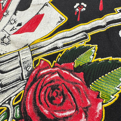 90s ガンズアンドローゼス 銃弾 Tシャツ 総柄 USA製 L バンT 黒 L USA WILD OATS ワイルドオーツ Guns N' Roses 音楽 ロック トランプ 拳銃 銃痕 1991 ガンズ 2603-0002