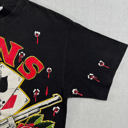 90s ガンズアンドローゼス 銃弾 Tシャツ 総柄 USA製 L バンT 黒 L USA WILD OATS ワイルドオーツ Guns N' Roses 音楽 ロック トランプ 拳銃 銃痕 1991 ガンズ 2603-0002