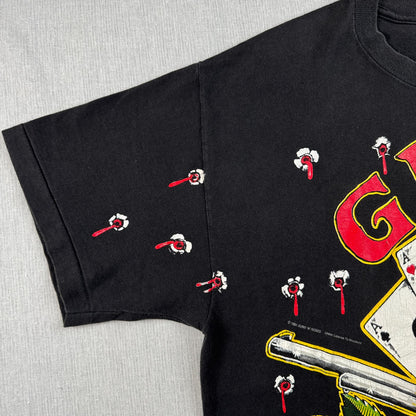 90s ガンズアンドローゼス 銃弾 Tシャツ 総柄 USA製 L バンT 黒 L USA WILD OATS ワイルドオーツ Guns N' Roses 音楽 ロック トランプ 拳銃 銃痕 1991 ガンズ 2603-0002