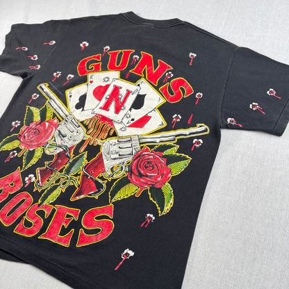 90s ガンズアンドローゼス 銃弾 Tシャツ 総柄 USA製 L バンT 黒 L USA WILD OATS ワイルドオーツ Guns N' Roses 音楽 ロック トランプ 拳銃 銃痕 1991 ガンズ 2603-0002