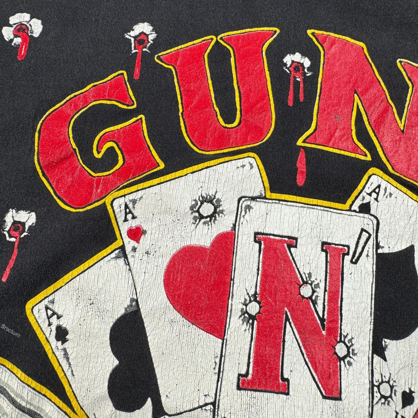 90s ガンズアンドローゼス 銃弾 Tシャツ 総柄 USA製 L バンT 黒 L USA WILD OATS ワイルドオーツ Guns N' Roses 音楽 ロック トランプ 拳銃 銃痕 1991 ガンズ 2603-0002
