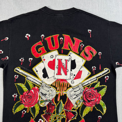 90s ガンズアンドローゼス 銃弾 Tシャツ 総柄 USA製 L バンT 黒 L USA WILD OATS ワイルドオーツ Guns N' Roses 音楽 ロック トランプ 拳銃 銃痕 1991 ガンズ 2603-0002