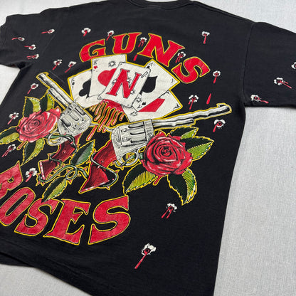 90s ガンズアンドローゼス 銃弾 Tシャツ 総柄 USA製 L バンT 黒 L USA WILD OATS ワイルドオーツ Guns N' Roses 音楽 ロック トランプ 拳銃 銃痕 1991 ガンズ 2603-0002
