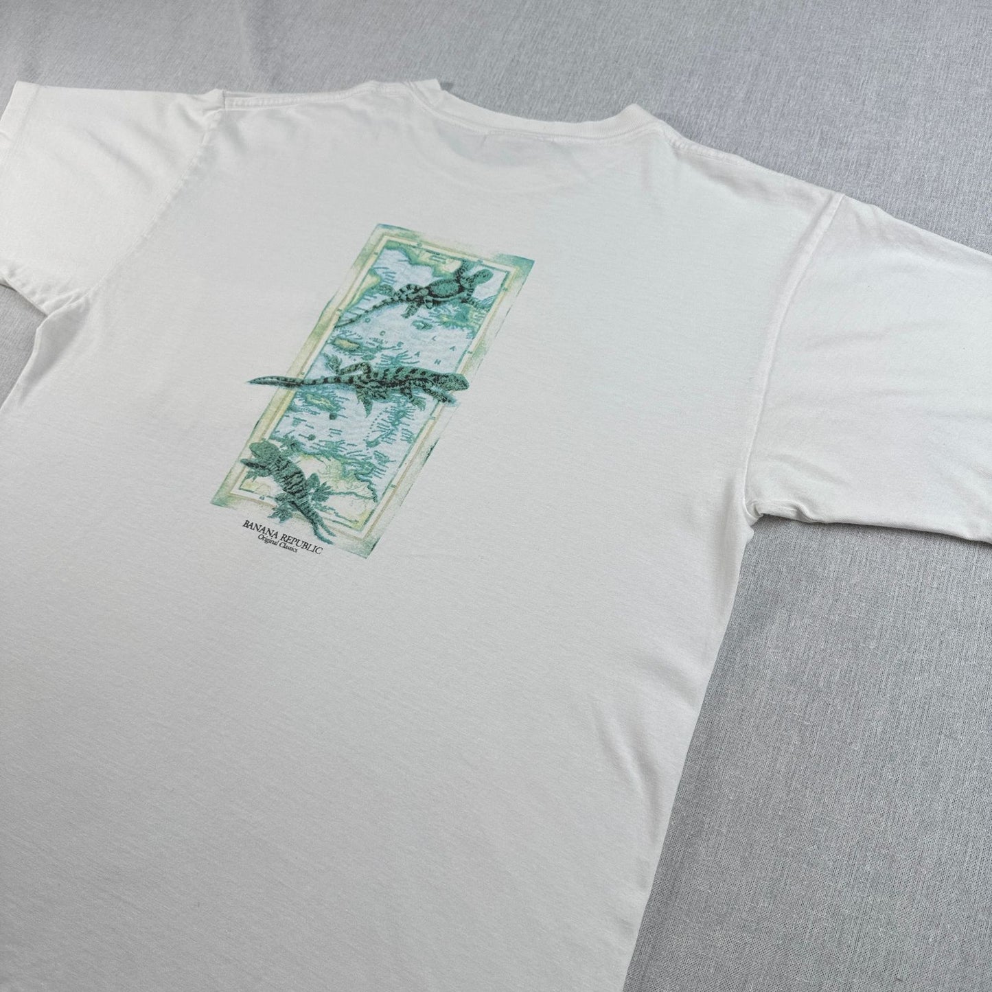 90s BANANA REPUBLIC Tシャツ ポケT USA製 カメレオン トカゲ アニマル 動物 M シングルステッチ 白 2603-0009