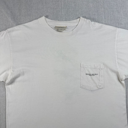 90s BANANA REPUBLIC Tシャツ ポケT USA製 カメレオン トカゲ アニマル 動物 M シングルステッチ 白 2603-0009