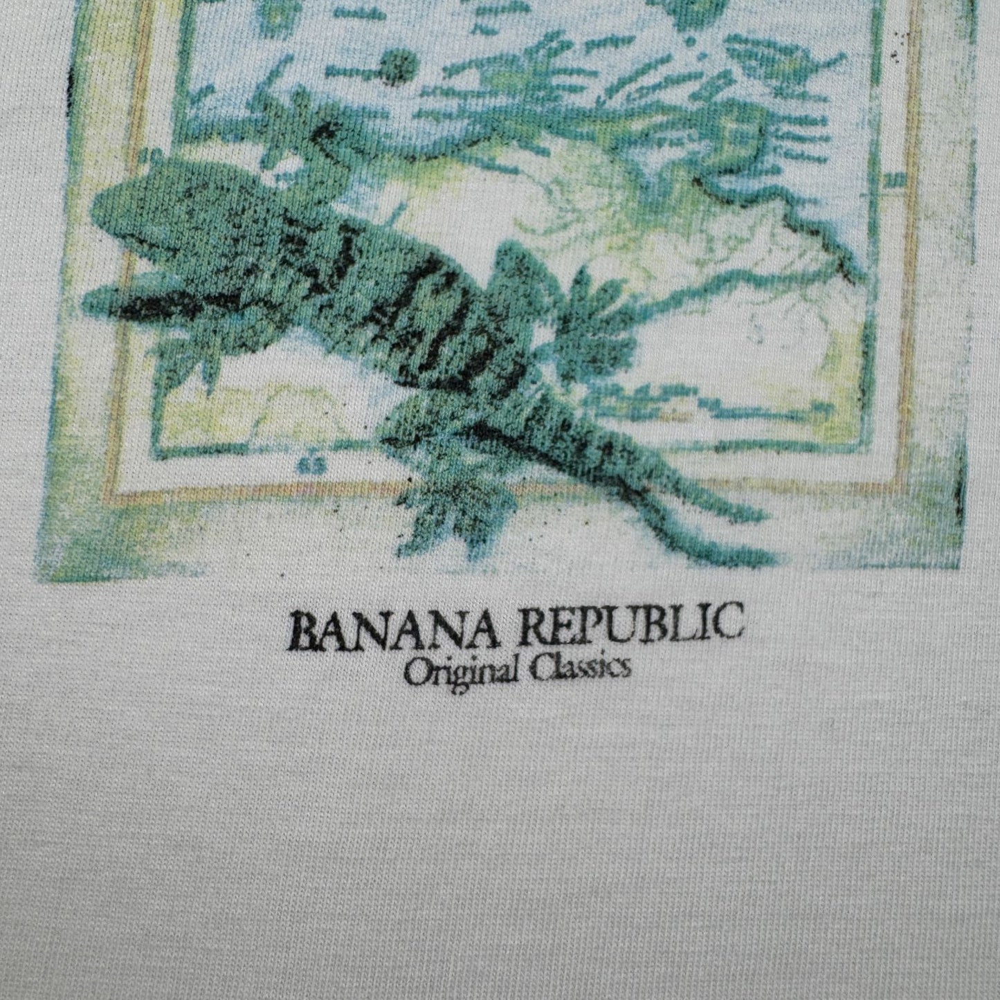 90s BANANA REPUBLIC Tシャツ ポケT USA製 カメレオン トカゲ アニマル 動物 M シングルステッチ 白 2603-0009