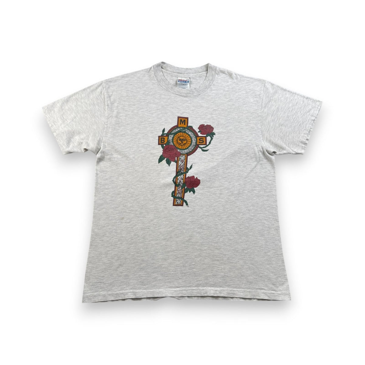 90s USA製 太陽 薔薇 アートT Tシャツ グレー Hanes L BODY MIND SOUL 十字架 ガンズ シングルステッチ 2603-0021