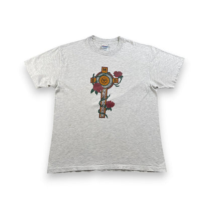 90s USA製 太陽 薔薇 アートT Tシャツ グレー Hanes L BODY MIND SOUL 十字架 ガンズ シングルステッチ 2603-0021