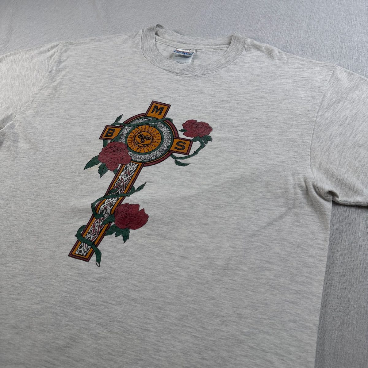 90s USA製 太陽 薔薇 アートT Tシャツ グレー Hanes L BODY MIND SOUL 十字架 ガンズ シングルステッチ 2603-0021