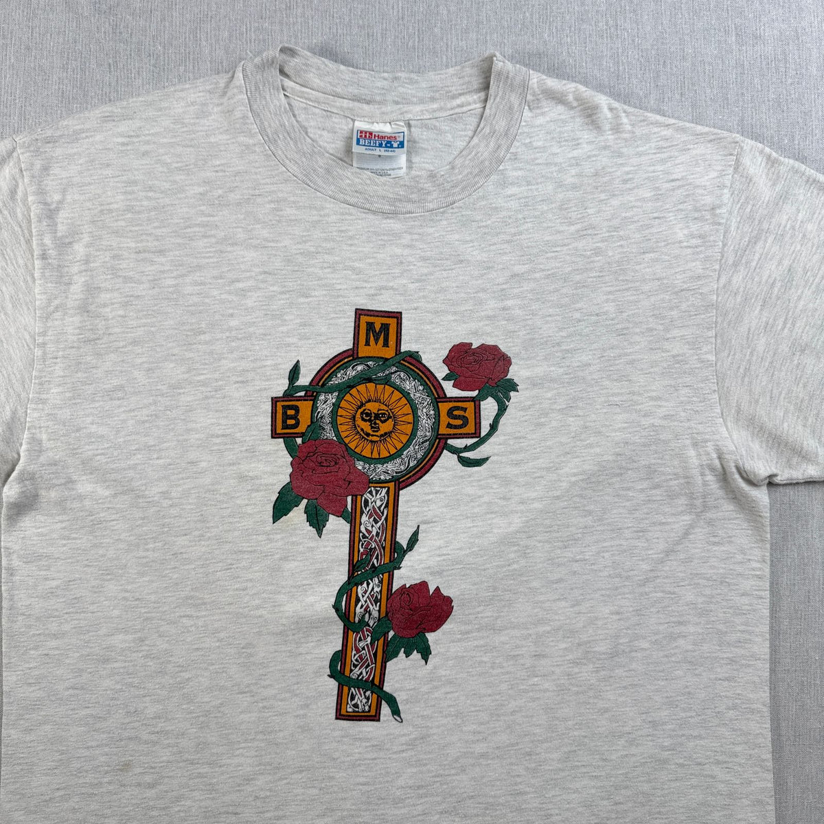 90s USA製 太陽 薔薇 アートT Tシャツ グレー Hanes L BODY MIND SOUL 十字架 ガンズ シングルステッチ 2603-0021