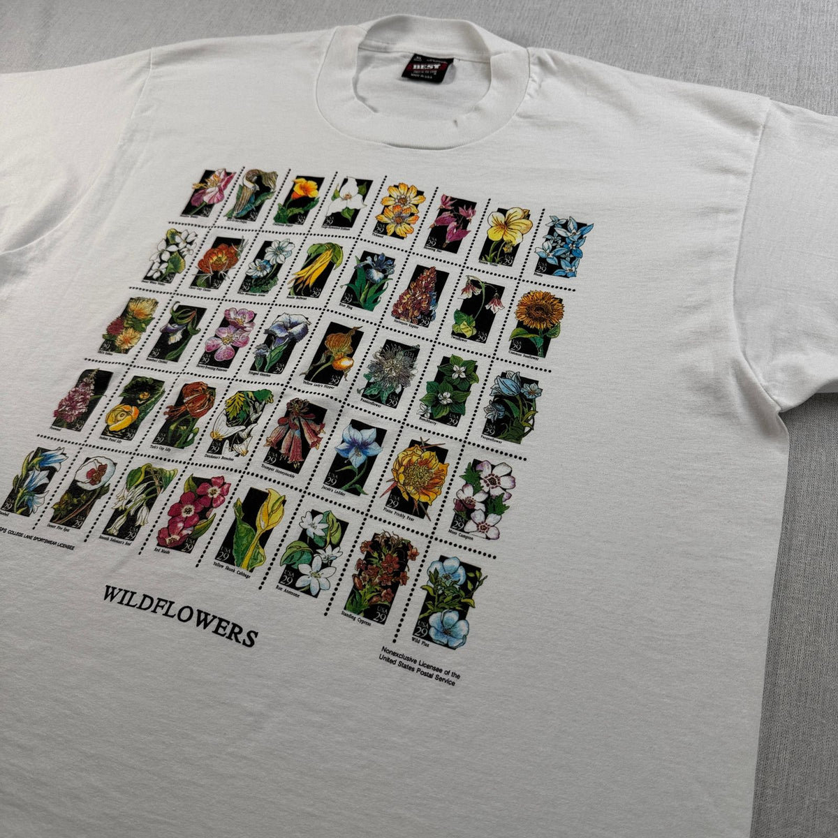 90s USA製 Tシャツ USPS 花 切手 アートT 白 郵便切手T XL シングルステッチ 2603-0023