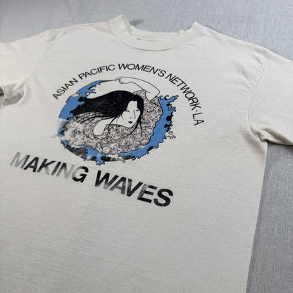90s USA製 アートT 浮世絵 波乗り Hanes M シングルステッチ ベージュ 2603-0024
