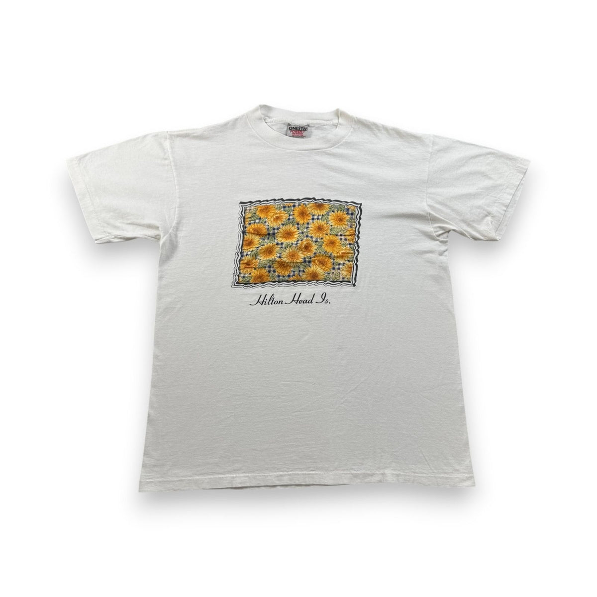 90s ひまわり 向日葵 アートT Tシャツ 白 ONEITA L 花 シングルステッチ 額縁 2603-0026
