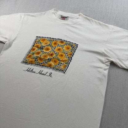 90s ひまわり 向日葵 アートT Tシャツ 白 ONEITA L 花 シングルステッチ 額縁 2603-0026