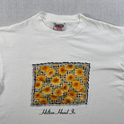 90s ひまわり 向日葵 アートT Tシャツ 白 ONEITA L 花 シングルステッチ 額縁 2603-0026