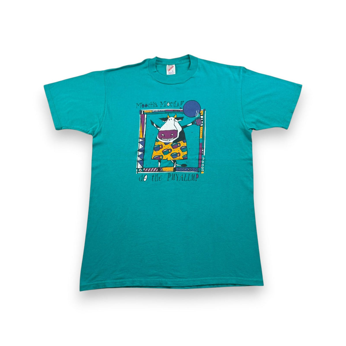 90s ターコイズ アート Tシャツ carol hagan 牛 USA製 L moocha mocha 2603-0030