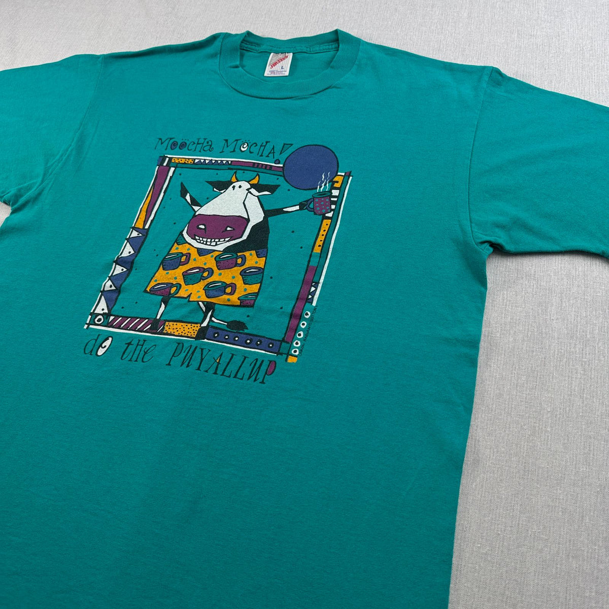 90s ターコイズ アート Tシャツ carol hagan 牛 USA製 L moocha mocha 2603-0030