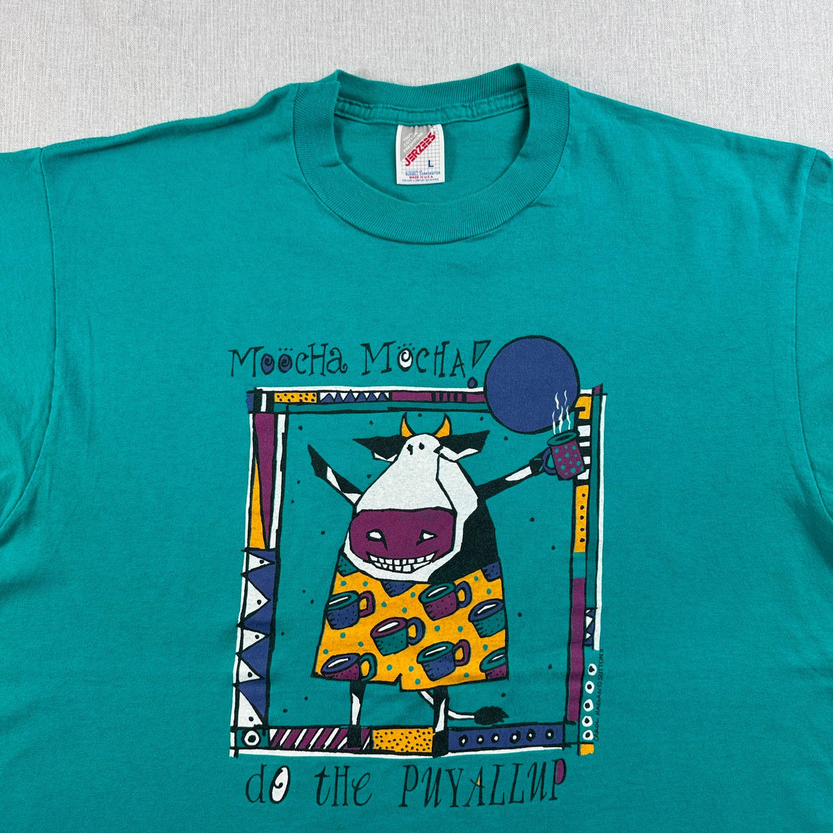 90s ターコイズ アート Tシャツ carol hagan 牛 USA製 L moocha mocha 2603-0030
