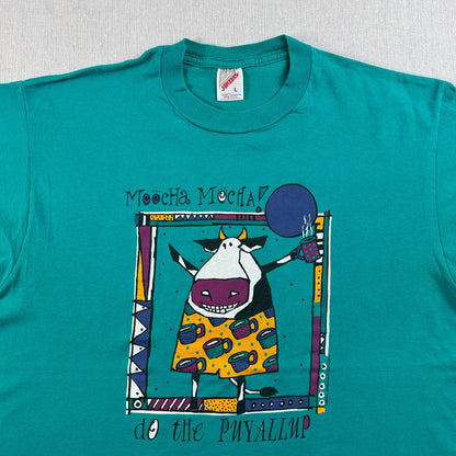 90s ターコイズ アート Tシャツ carol hagan 牛 USA製 L moocha mocha 2603-0030