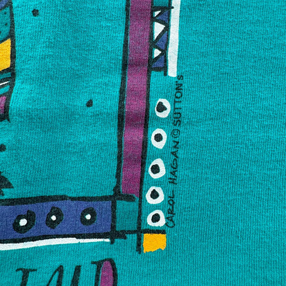 90s ターコイズ アート Tシャツ carol hagan 牛 USA製 L moocha mocha 2603-0030
