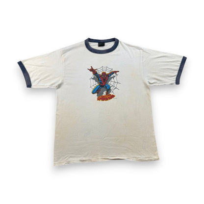 00s USA製 アメイジング スパイダーマン Tシャツ リンガー XL the AMAZING SPIDER-MAN MARVEL changes 白 ネイビー シングルステッチ 2001 2603-0104