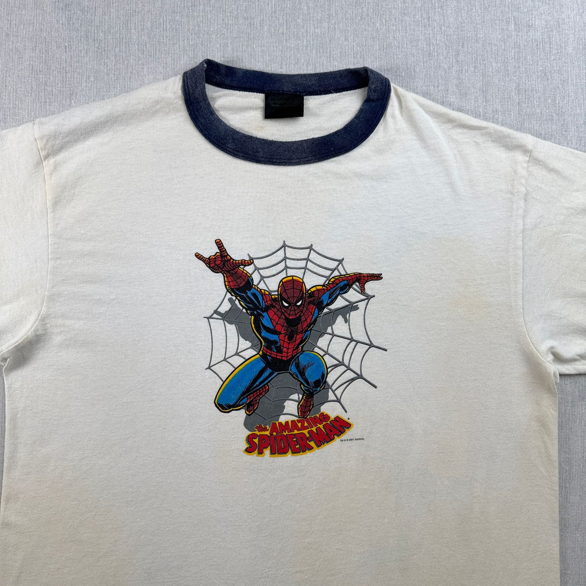 00s USA製 アメイジング スパイダーマン Tシャツ リンガー XL the AMAZING SPIDER-MAN MARVEL changes 白 ネイビー シングルステッチ 2001 2603-0104