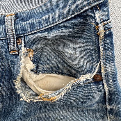 70s 501 bige ボタン裏6 デニム 赤耳 セルビッチ 内股シングル w30 ジーンズ ハチノス ヒゲ 雰囲気 66前期 シングルステッチ 紙パッチ 2603-0146
