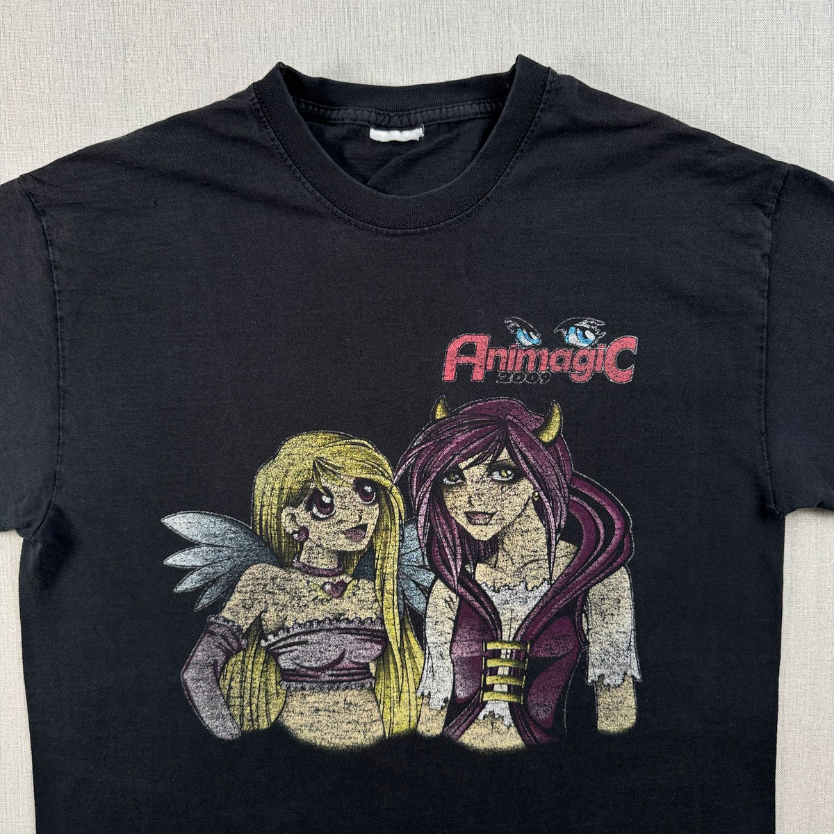 00s animagic アニマジック グラフィック Tシャツ 2009年 黒 フェード 天使 悪魔 T 両面プリント 2009 2603-0128