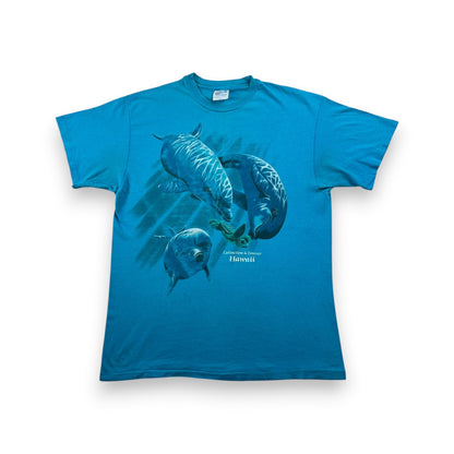 90s ハワイ イルカ Tシャツ 動物 水色 青 L USA製 hanes シングルステッチ アートT 2603-0134