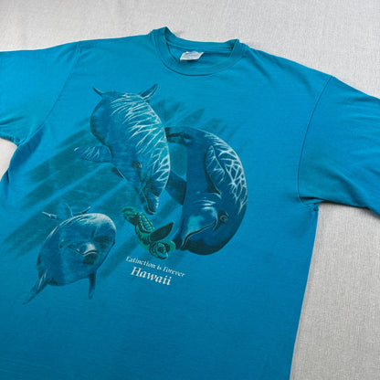 90s ハワイ イルカ Tシャツ 動物 水色 青 L USA製 hanes シングルステッチ アートT 2603-0134