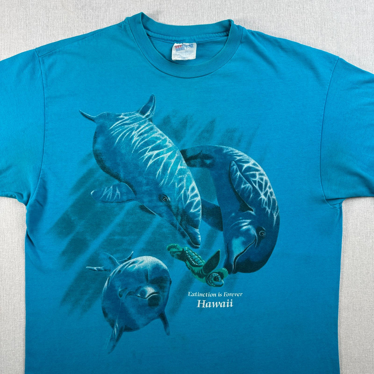 90s ハワイ イルカ Tシャツ 動物 水色 青 L USA製 hanes シングルステッチ アートT 2603-0134