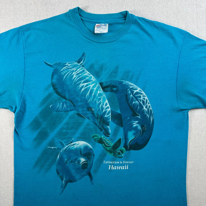 90s ハワイ イルカ Tシャツ 動物 水色 青 L USA製 hanes シングルステッチ アートT 2603-0134