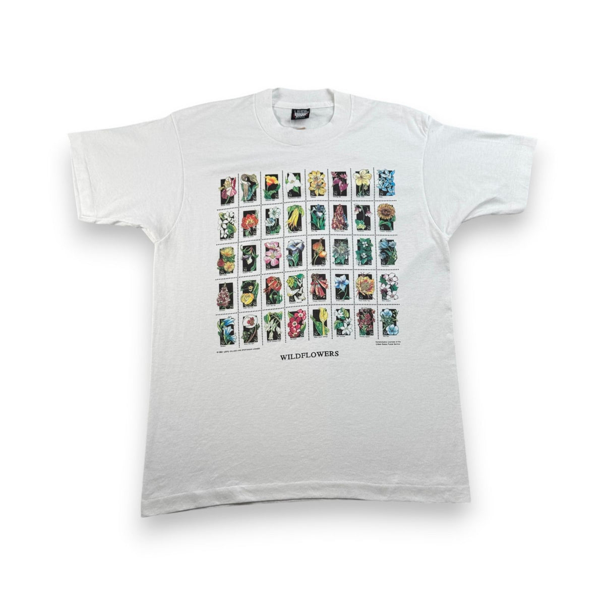 90s USA製 Tシャツ USPS 花 切手 アートT 白 L シングルステッチ スクリーンスターズ 2603-0155