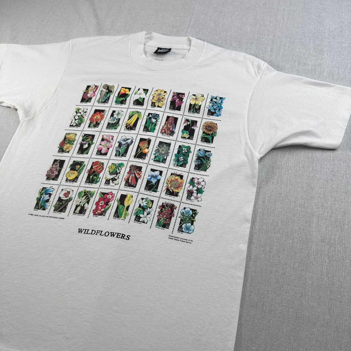 90s USA製 Tシャツ USPS 花 切手 アートT 白 L シングルステッチ スクリーンスターズ 2603-0155